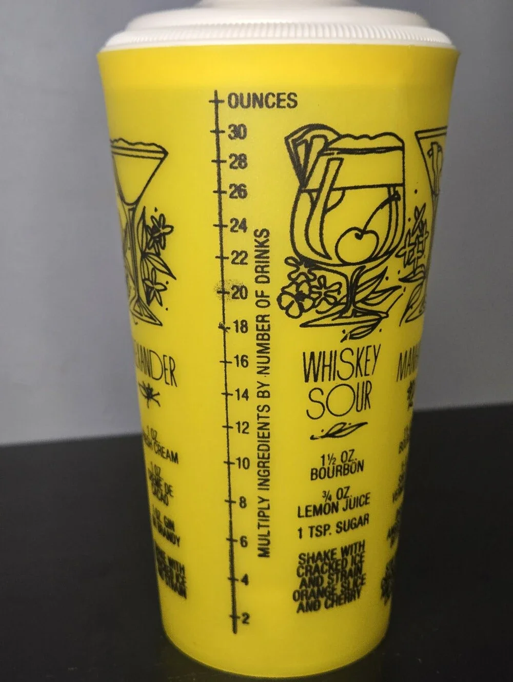 Vintage MCM 1960s Yellow Cocktail Shaker w Cap+ Strainer + Cocktail Recipes